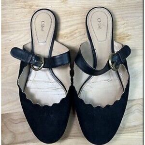 Chloe Black Scalloped Leather Mary Jane Ballet Flats Size 37 Euro / 6.5 US 4 UK